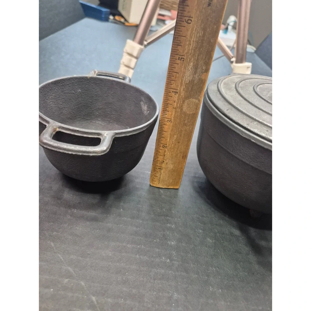 Vintage Miniature Cast Iron Cauldron Pots with 1 Lid LE Logo 3 Footed Set of 2